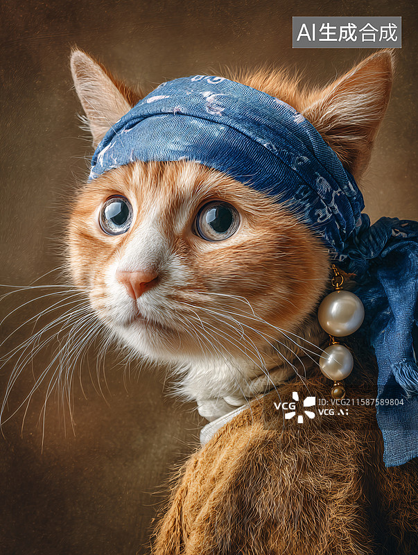 【AI数字艺术】戴珍珠耳环的猫图片素材