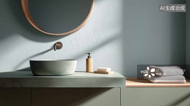 【AI数字艺术】日式极简淡蓝浴室角落图片素材