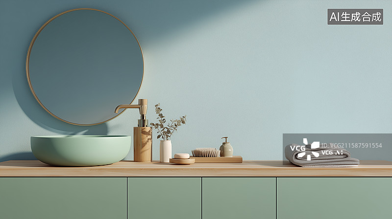 【AI数字艺术】日式极简淡蓝浴室角落图片素材