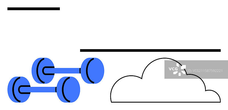 蓝色哑铃靠近带有几何图形的风格化云朵图片素材