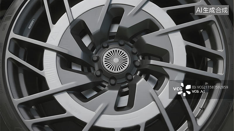 【AI数字艺术】汽车轮毂特写，银黑相间设计图片素材
