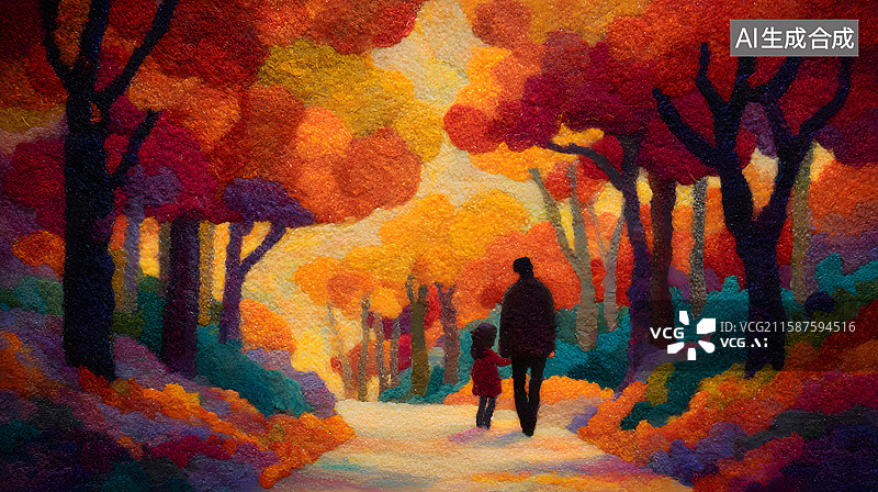 【AI数字艺术】爸爸和孩子牵手走在树林小路上图片素材