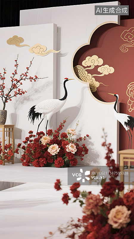 【AI数字艺术】国潮风婚礼舞台花艺布置场景图片素材