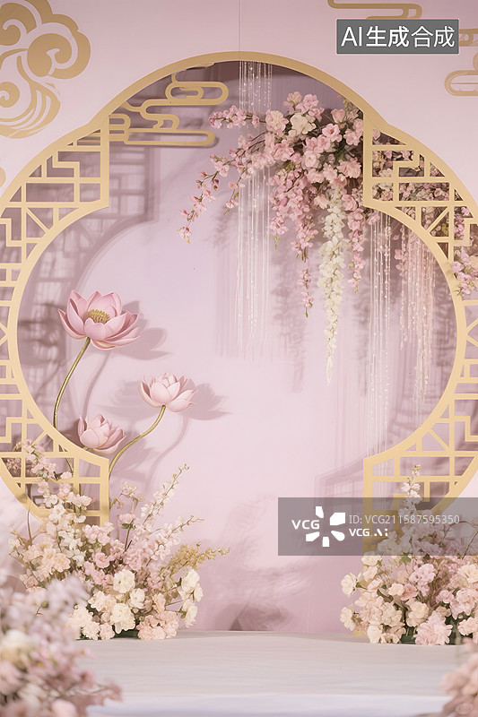 【AI数字艺术】国潮风婚礼舞台花艺布置场景图片素材