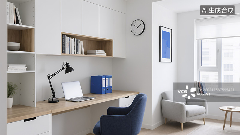【AI数字艺术】简约现代风格的书房室内场景图片素材