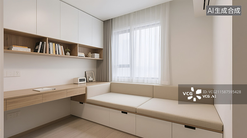 【AI数字艺术】简约现代风格的书房室内场景图片素材