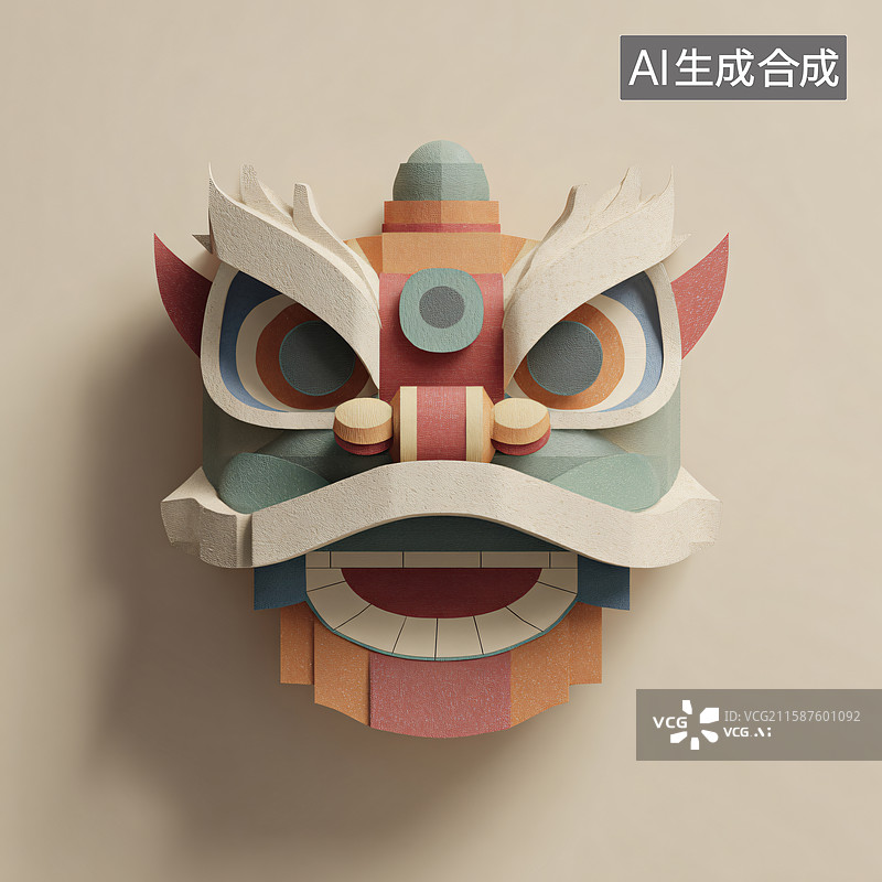 【AI数字艺术】彩色纸雕醒狮头装饰图图片素材