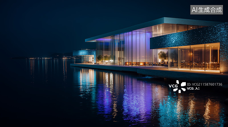 【AI数字艺术】奢华水滨酒店夜间照明图片素材