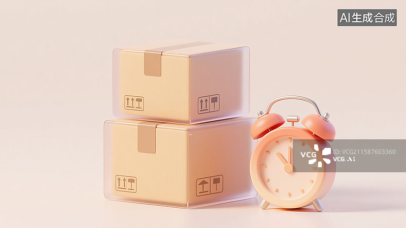 【AI数字艺术】纸箱堆叠与粉色闹钟图片素材