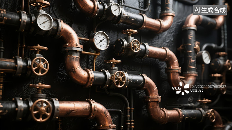 【AI数字艺术】工业管道与压力表的复杂网络图片素材