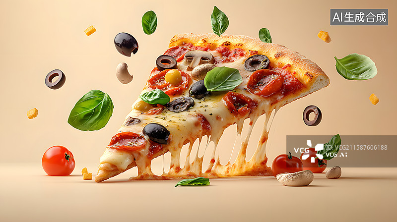 【AI数字艺术】美味披萨与新鲜食材的空中碰撞图片素材