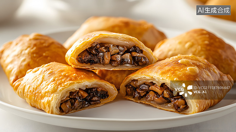 【AI数字艺术】金黄色酥皮包裹的蘑菇馅饼图片素材