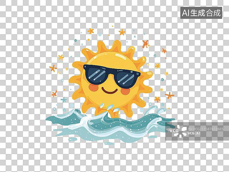 【AI数字艺术】卡通太阳戴墨镜立于海浪，搭配可爱装饰元素，呈现童趣清新的夏日欢乐沙滩艺术插画视觉场景图片素材
