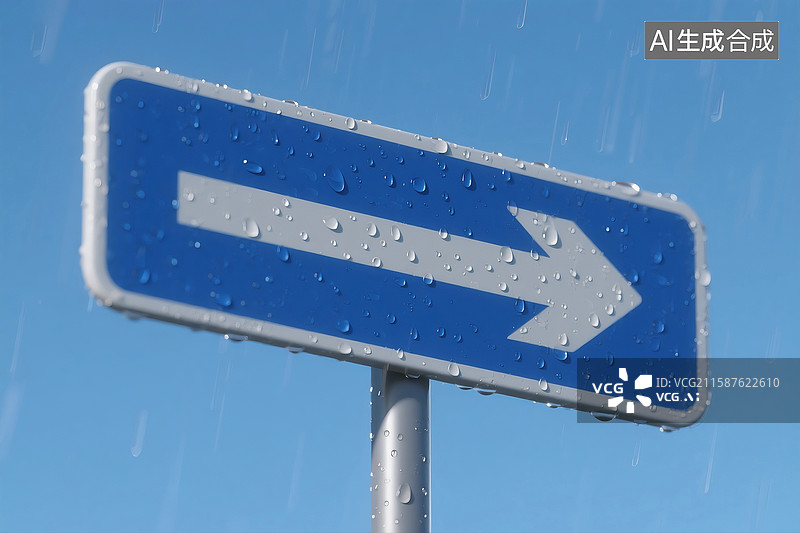 【AI数字艺术】蓝天背景下焦点清晰的3D蓝色交通指示牌图片素材
