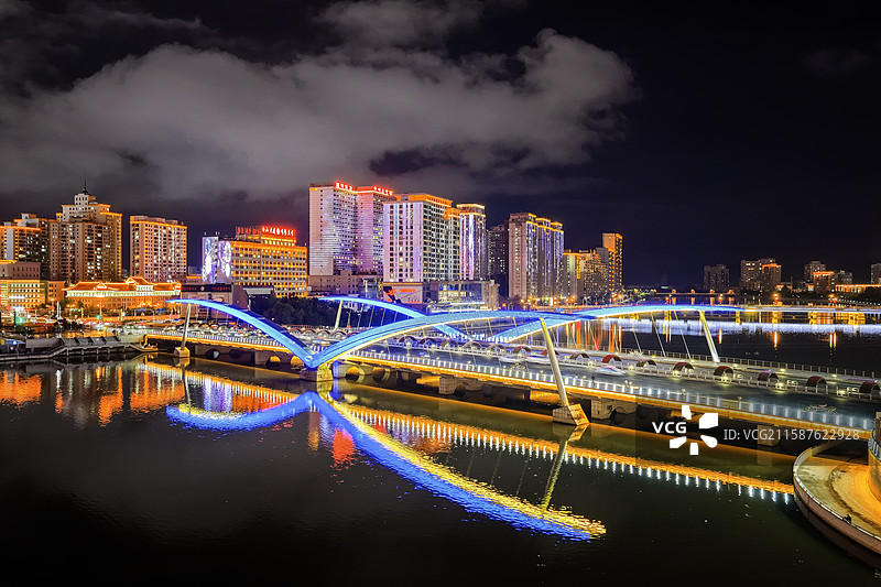 夏季夜晚，无人机航拍吉林省延边朝鲜族自治州延吉市延吉大桥夜景。图片素材