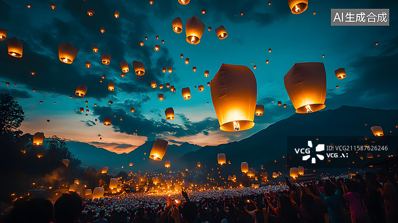 【AI数字艺术】人群中的放飞孔明灯活动图片素材