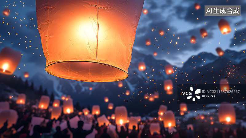 【AI数字艺术】人群中的放飞孔明灯活动图片素材