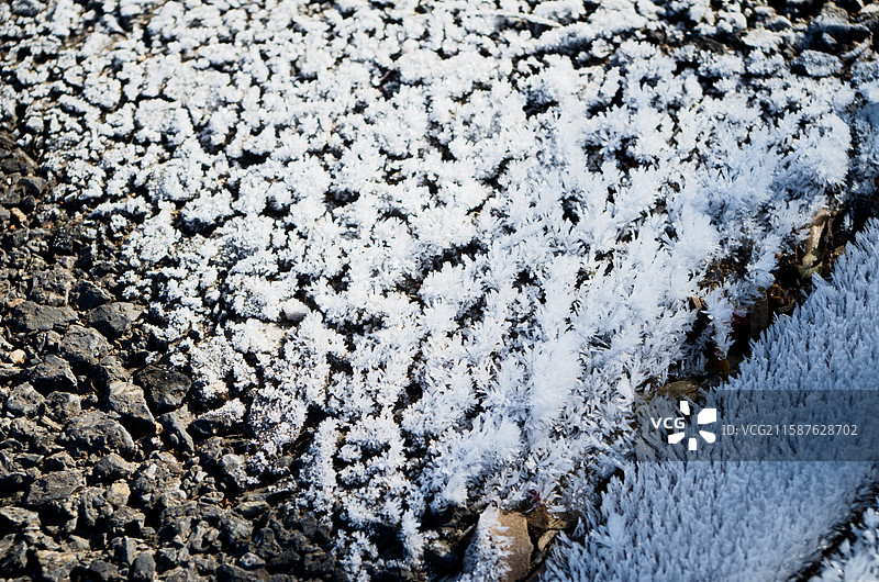 结霜的沥青路面高角度特写，城市冬季户外，冰霜寒冷潮湿，素材背景图片素材