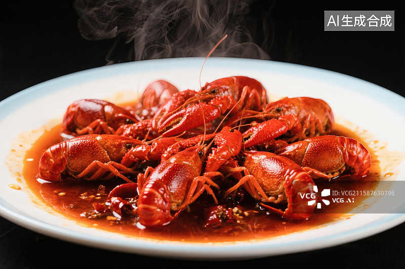 【AI数字艺术】一盘十三香小龙虾，刚刚出锅，冒着热气图片素材