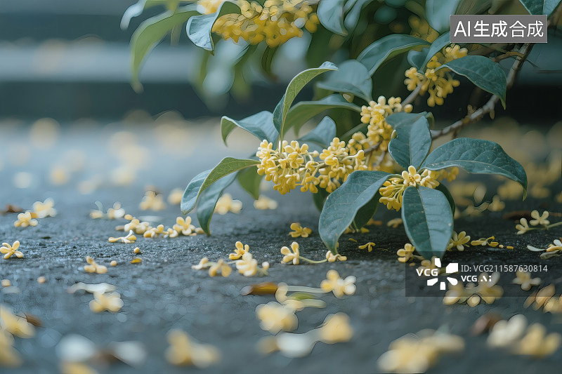 【AI数字艺术】寒露节气，盛开的桂花，地上散落的部分花头图片素材