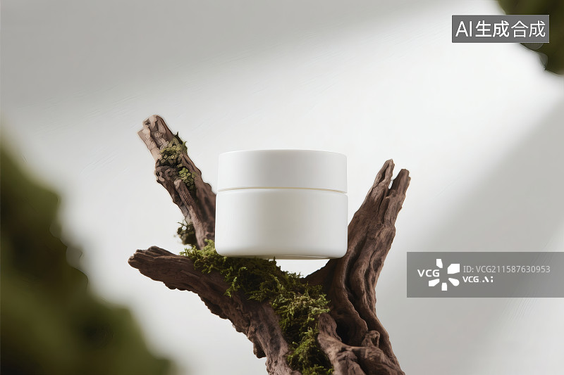【AI数字艺术】白色背景，枯树枝上的美白面霜，美容广告背景图图片素材