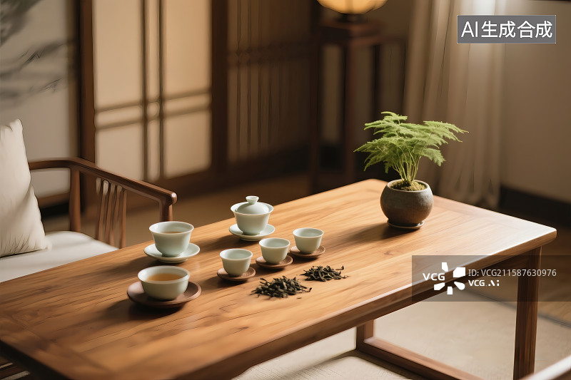 【AI数字艺术】茶室中的桌子上各类茶具与一盆绿植图片素材