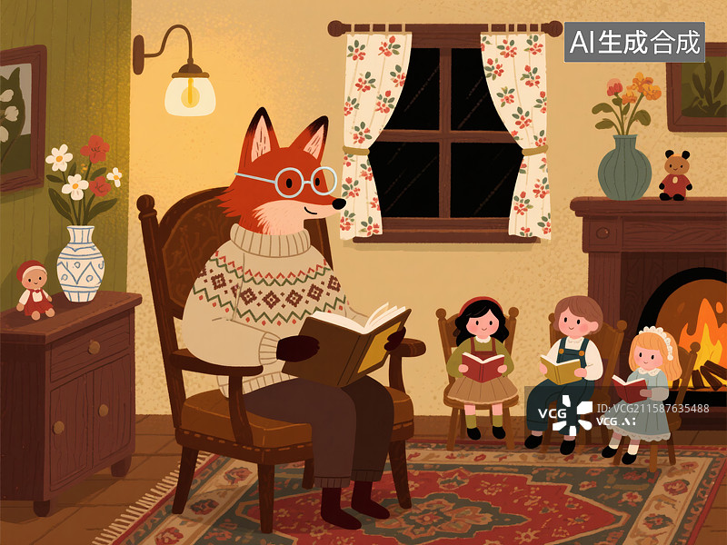 【AI数字艺术】狐狸看书阅读绘本图片素材