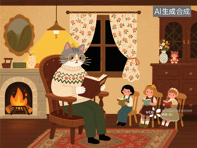 【AI数字艺术】猫咪看书阅读绘本图片素材