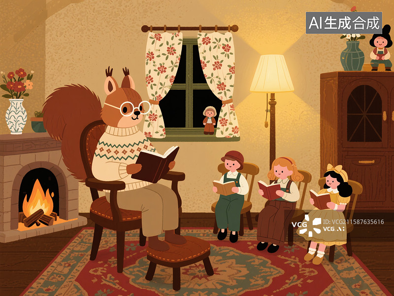 【AI数字艺术】小松鼠看书阅读绘本图片素材