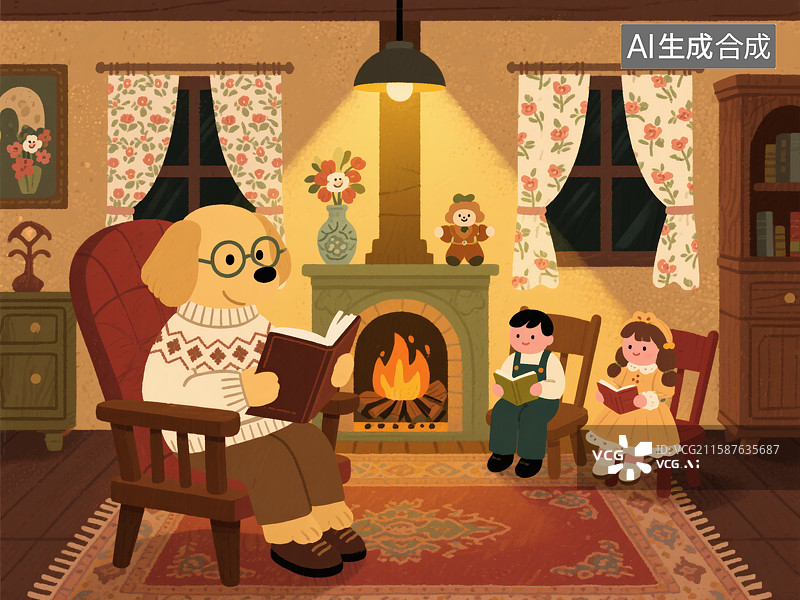 【AI数字艺术】小狗看书阅读绘本图片素材