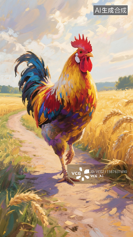 【AI数字艺术】印象派油画，一只大公鸡昂首挺胸地走在一条乡间小路上，小路两旁是一片金黄色的麦田，它的羽毛色彩斑斓图片素材