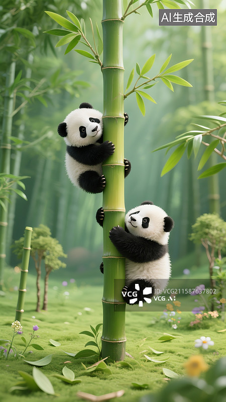 【AI数字艺术】在一片翠绿的竹林中,憨态可掬、胖乎乎的熊猫幼崽正努力地顺着竹子往上攀爬图片素材