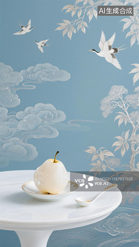 【AI数字艺术】青墙仙鹤与冰糖雪梨，新中式雅韵传统文化秋日养生背景图图片素材