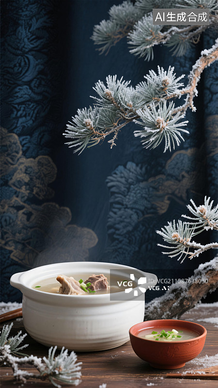 【AI数字艺术】案上羊肉暖汤煲，新中式诗意传统文化冬日滋补背景图图片素材