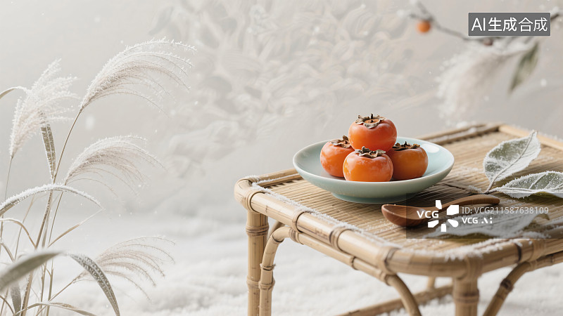 【AI数字艺术】雪落竹几摆红柿子，新中式冬意传统文化节气背景图图片素材