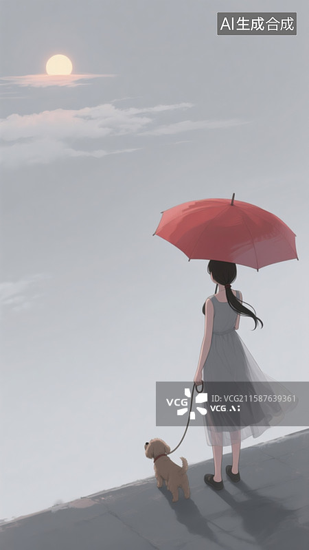 【AI数字艺术】灰色的天空，有太阳，一个扎低马尾的卡通女子身穿灰色长纱裙，打着一把红色伞和一只小狗图片素材