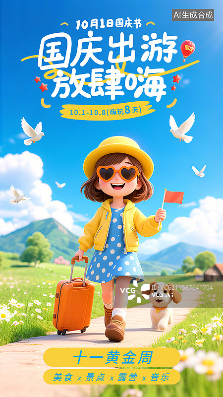 【AI数字艺术】国庆节女孩拉着行李箱出游3D卡通风格插画图片素材