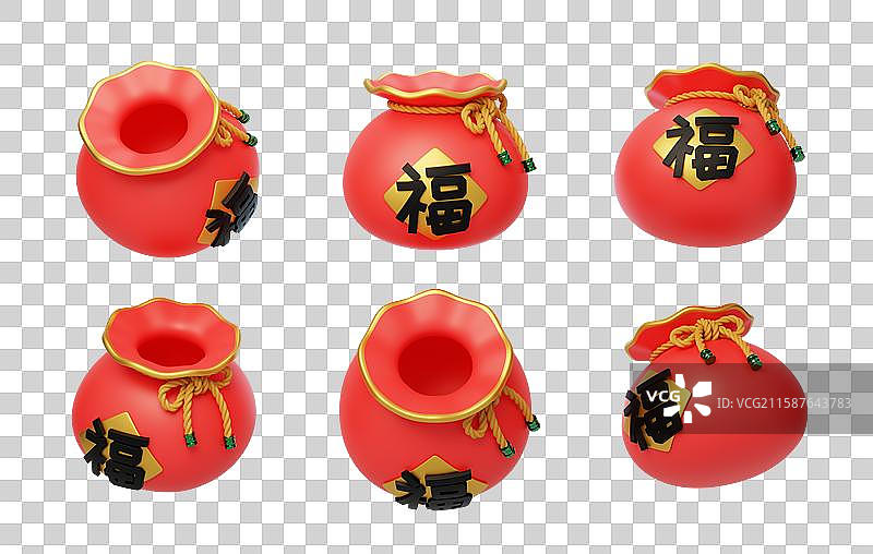 免抠中国风新年活动奖励喜庆福袋3D图片素材