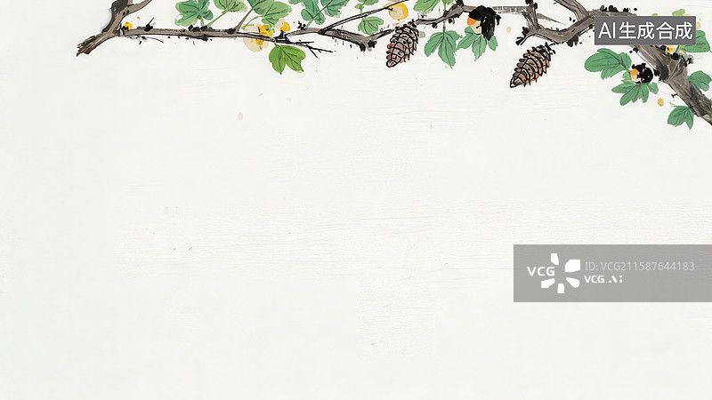 【AI数字艺术】水墨画居上-水墨画背景壁纸1.树枝上的松果与绿叶图片素材