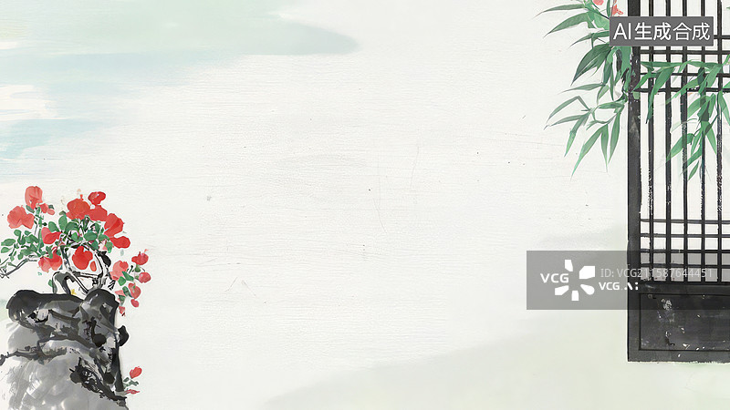 【AI数字艺术】水墨画两侧-水墨画背景壁纸1红花绿叶旁的古典窗格图片素材
