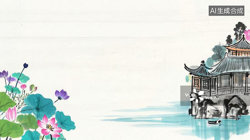【AI数字艺术】水墨画两侧-水墨画背景壁纸1水边亭台与荷花的古典画卷图片素材