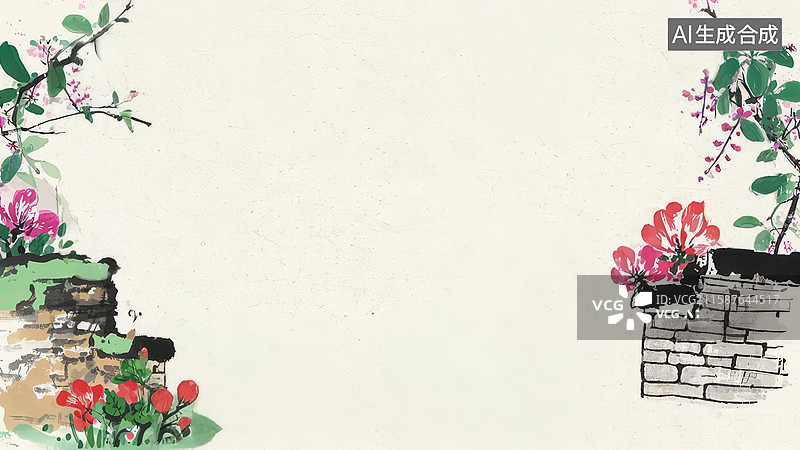 【AI数字艺术】水墨画两侧-水墨画背景壁纸1传统水墨花卉与砖墙装饰图片素材