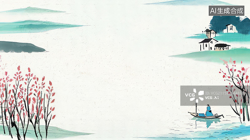 【AI数字艺术】水墨画两侧-水墨画背景壁纸1江畔小屋，渔舟唱晚图片素材
