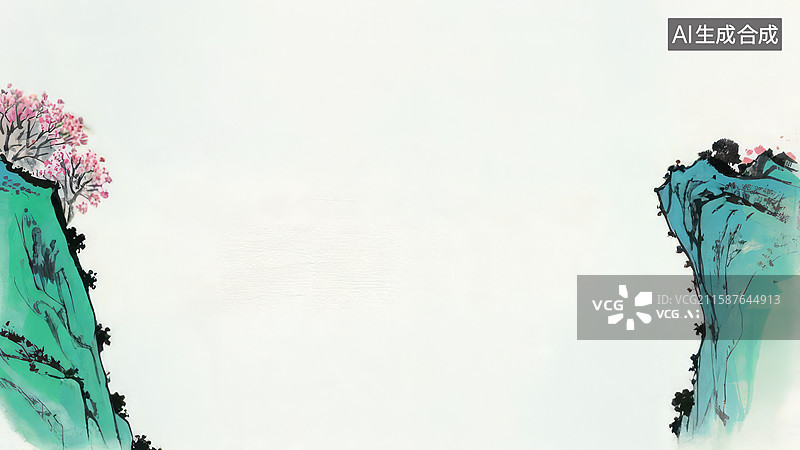 【AI数字艺术】水墨画两侧-水墨画背景壁纸1山水对峙，绿意盎然图片素材
