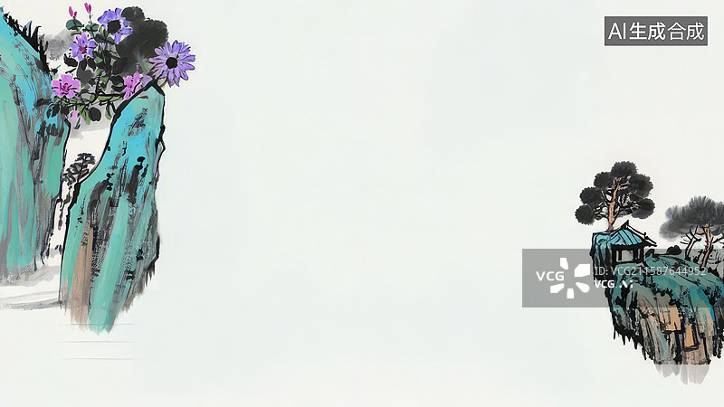 【AI数字艺术】水墨画两侧-水墨画背景壁纸1山水画风的自然景观图片素材