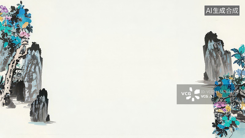 【AI数字艺术】水墨画两侧-水墨画背景壁纸1水墨山水，花石相伴图片素材
