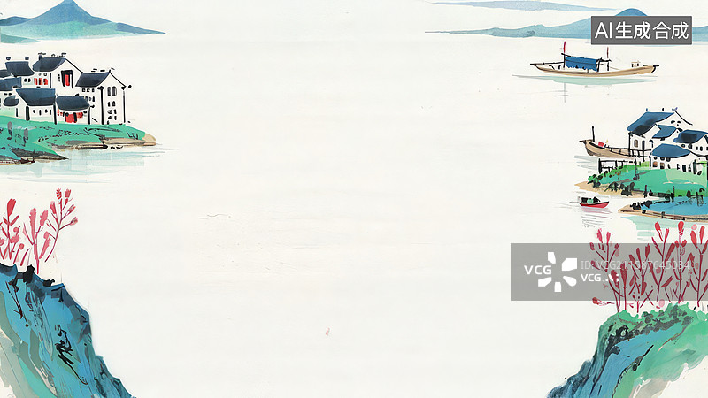 【AI数字艺术】水墨画两侧-水墨画背景壁纸1江畔渔村，宁静水乡图片素材