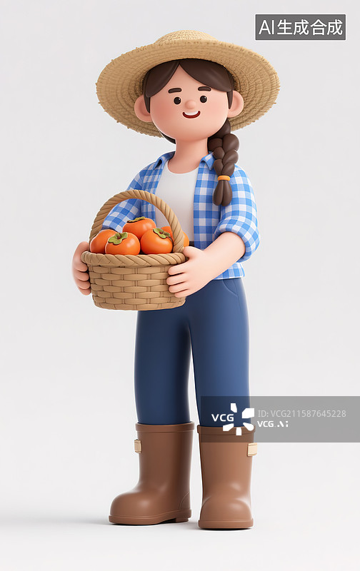 【AI数字艺术】抱着成熟的红色柿子的农民3d插画图片素材