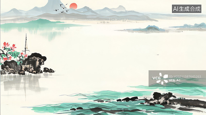 【AI数字艺术】水墨画最大-水墨画背景壁纸1山水画中的宁静湖景图片素材