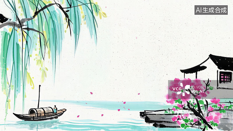 【AI数字艺术】水墨画最大-水墨画背景壁纸1江南水乡，小舟轻荡，柳枝垂影图片素材